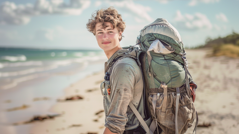 Junger Mann an einem Strand mit Backpack auf dem Rücken
